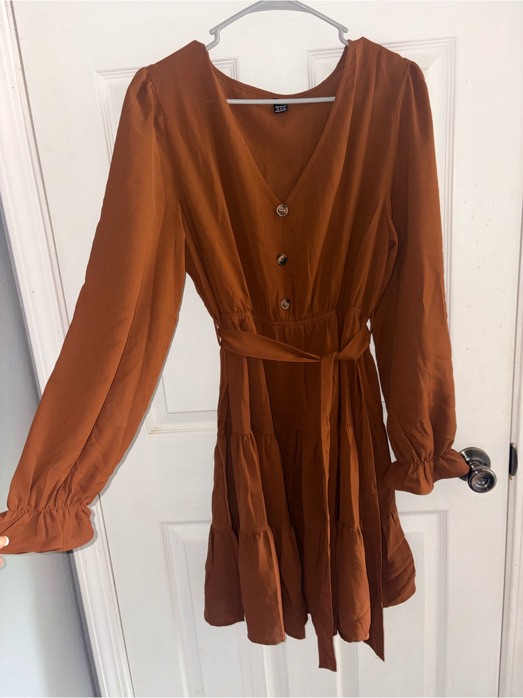 Shein Rust Brown Long-Sleeve Tiered V-Neck Dress